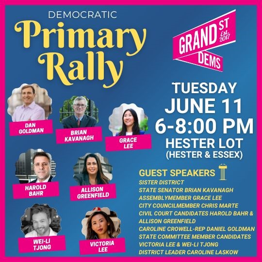 Poster for GSD Primary Rally on June 11th, 2024, from 6pm to 8pm. 